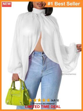 Sheer Chiffon Blouse Batwing Sleeve Mock Neck Open Back Women's Top